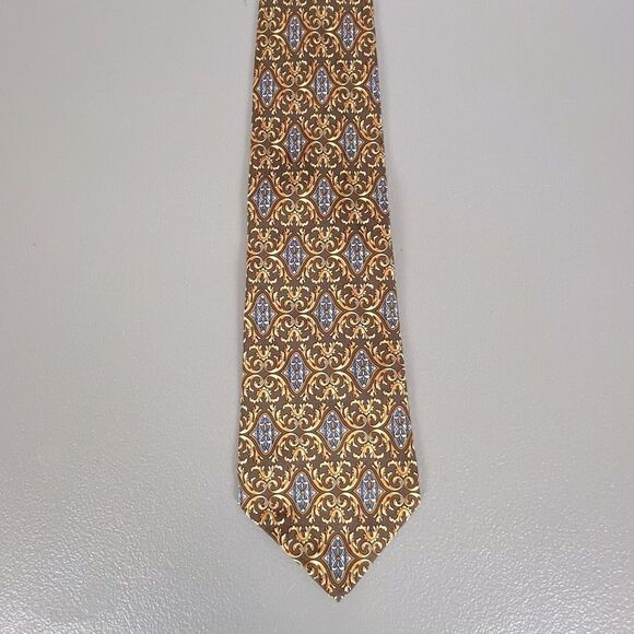 CHRISTIAN DIOR MENS SILK TIE BROWN GOLD MULTICOLORED DESIGN - Picture 1 of 3